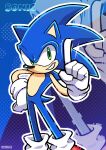  1boy absurdres artist_name blue_background character_name commentary_request furry furry_male gloves green_eyes hand_on_own_hip highres index_finger_raised kellymae male_focus outline smirk sonic_(series) sonic_the_hedgehog tail white_gloves white_outline zoom_layer 