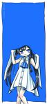  1girl absurdres ascot black_hair blending blue_ascot blue_background blue_brooch blue_dress blue_eyes blue_hair blue_shawl blush border cevio character_name collared_dress colored_inner_hair commentary_request dress feet_out_of_frame film_grain futaba_minato half-closed_eyes hands_up highres holding_shawl long_hair looking_at_viewer multicolored_hair negative_space outside_border pigeon-toed shawl simple_background sleeveless sleeveless_dress smile solo sora-doufu standing two-tone_dress white_border white_dress 