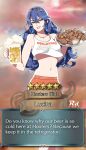  1girl alcohol alternate_costume artist_logo beer beer_mug blue_eyes blue_hair blurry blurry_background breasts character_name chicken_(food) chicken_leg commission crop_top cup dialogue_box english_text fake_screenshot fire_emblem fire_emblem_awakening fire_emblem_heroes foam food gacha grin hairband highres holding holding_cup holding_food holding_tray hooters long_hair looking_at_viewer lucina_(fire_emblem) midriff mug navel orange_shorts parted_lips pixiv_commission r3dfive red_lips short_shorts shorts small_breasts smile solo stomach tank_top tiara tray very_long_hair waitress wavy_hair white_tank_top 