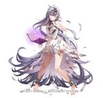  1girl ankle_cuffs bare_legs bare_shoulders barefoot black_choker black_hair book breasts chain choker copyright_name cuffs dress feather_hair_ornament feathers fire_emblem fire_emblem_engage fire_emblem_heroes floating floating_book floating_object gloves grey_hair hair_ornament kanda_done long_hair looking_at_viewer magic multicolored_hair multiple_girls official_art open_book petite purple_eyes small_breasts smile solo thighs torn_clothes torn_dress two-tone_hair very_long_hair veyle_(fire_emblem) wavy_hair white_gloves 