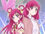  2girls artist_logo back-to-back blazer bug butterfly butterfly_brooch butterfly_earrings closed_mouth collared_shirt commentary_request cure_dream earrings frilled_sleeves frills glowing_butterfly hair_ribbon highres holding_hands jacket jewelry kibou_no_chikara_~otona_precure_&#039;23~ long_hair looking_at_viewer magical_girl medium_hair multiple_girls parted_lips partial_commentary pink_hair pink_jacket precure puffy_short_sleeves puffy_sleeves purple_eyes ribbon shirt short_sleeves smile time_paradox two_side_up white_shirt yellow_ribbon yes!_precure_5 yes!_precure_5_gogo! yumehara_nozomi zero-theme 