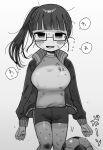  1girl arms_at_sides bags_under_eyes ball blunt_bangs blush_stickers breasts character_name commentary_request dirty dirty_clothes feet_out_of_frame glasses greyscale highres impossible_clothes impossible_shirt jacket large_breasts long_hair long_sleeves looking_at_viewer messy_hair monochrome motion_lines nervous_smile open_clothes open_jacket open_mouth ponytail scraped_knee semi-rimless_eyewear shinigami_dot_com shirt short_shorts shorts simple_background smile soccer_ball solo speech_bubble standing sweat thigh_gap toukyou_tama track_jacket translation_request yasashii_naizou 