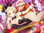  1girl animal_ears armband bare_shoulders black_armband black_bow black_bowtie black_leotard blonde_hair blush bouquet bow bowtie breasts casino chair cleavage coin collarbone detached_collar dice fake_animal_ears fishnet_pantyhose fishnets flower gold_coin gold_tassel hair_bow hair_ornament highleg highleg_leotard highres jewelry key key_necklace large_breasts leaf lens_flare leotard light_particles linea_alba long_hair looking_at_viewer lying mole mole_under_mouth navel necklace official_alternate_costume official_art on_table oversized_object pantyhose pillow plant playboy_bunny poker_chip poker_table potted_plant purple_flower purple_rose rabbit_ears red_curtains red_eyes red_flower red_rose rose seductive_smile senran_kagura senran_kagura_new_link senran_kagura_shinovi_versus shiki_(senran_kagura) shiny_skin smile solo sparkle stage stage_lights strapless strapless_leotard table white_flower white_rose window wrist_cuffs yaegashi_nan yellow_flower 