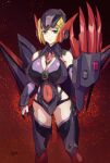  1girl alternate_breast_size armor blonde_hair breasts claw_(weapon) covered_navel covered_nipples elbow_gloves gloves green_eyes gundam gundam_00 hair_ornament hairclip huge_breasts jewelry louise_halevy mecha_musume mechanical_wings necklace short_hair signature solo thighhighs uganda_(ugandam_00) weapon wings 