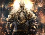  1boy armor ashes beard cinders crown dark_souls_(series) dark_souls_i embers facial_hair gold gwyn_lord_of_cinder highres hollow_eyes jewelry long_beard long_hair miffedmist mustache no_eyes pale_skin pauldrons shoulder_armor solo sunlight white_hair 