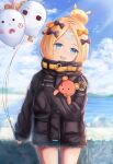  1girl :d abigail_williams_(fate) abigail_williams_(traveling_outfit)_(fate) balloon belt belt_buckle black_jacket blonde_hair blue_eyes blue_sky blush buckle character_balloon cloud commentary_request day fate/grand_order fate_(series) fou_(fate) frilled_jacket frills hair_bun highres holding holding_balloon jacket long_sleeves looking_at_viewer medjed_(fate) nezumi_(09261377) object_hug outdoors parted_bangs sky sleeves_past_fingers sleeves_past_wrists smile solo stuffed_animal stuffed_toy teddy_bear water yellow_belt 