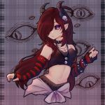  1girl absurdres black_bra black_bracelet black_choker black_horns black_sclera bloodshot_eyes bra bracelet breasts brown_hair carmen_iyexie_(artist) choker cleavage colored_sclera commission demon_horns earrings elbow_gloves eye_symbol fingerless_gloves gloves hair_ornament hair_over_one_eye heart heart_choker highres horns indie_virtual_youtuber jewelry long_hair midriff navel necklace plaid plaid_background pointy_ears purple_eyes signature skull_hair_ornament solo spiked_bracelet spikes strapless strapless_bra striped striped_gloves two-tone_gloves underwear virtual_youtuber zarithya_(vtuber) 