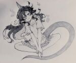  1girl barefoot carbohydrate_(asta4282) closed_mouth clothes_writing full_body greyscale highres horns long_hair looking_at_viewer monochrome pointy_ears shirt shorts single_horn sketch smile solo tail tenkajin_chiyari touhou traditional_media 