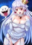  1girl absurdres boo_(mario) breasts cleavage crown dress elbow_gloves gloves hair_between_eyes highres long_hair looking_at_viewer mario_(series) new_super_mario_bros._u_deluxe open_mouth personification princess_king_boo sawwei005 sharp_teeth smile solo super_crown teeth tongue tongue_out white_dress white_gloves 