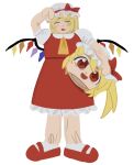  1girl ascot blonde_hair bow closed_eyes cosplay daiouika_495 fang flandre_scarlet flandre_scarlet_(cosplay) full_body hat hat_bow highres holding mary_janes medium_hair mob_cap multicolored_wings one_side_up open_mouth puffy_short_sleeves puffy_sleeves red_bow red_eyes red_footwear red_skirt red_vest shirt shoes short_sleeves simple_background skirt skirt_set socks solo standing sweat touhou vest white_background white_headwear white_shirt white_socks wings yellow_ascot 