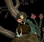  1boy aqua_jacket black_background black_kimono brown_eyes fate/grand_order fate_(series) feet_out_of_frame flower green_hair grey_hakama hakama haori headband headband_around_neck headband_removed holding holding_flower in_tree jacket japanese_clothes kimono looking_at_viewer male_focus medium_hair ooba parted_bangs parted_lips pink_flower plant saitou_hajime_(fate) saitou_hajime_(third_ascension)_(fate) shinsengumi sitting sitting_in_tree solo tree wavy_hair 