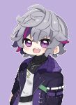  1boy :d absurdres black_jacket black_shirt blush commentary_request fuwa_minato grey_hair hair_between_eyes highres jacket long_sleeves looking_at_viewer male_focus multicolored_hair nijisanji nozo_(hitomiz) open_clothes open_jacket outline purple_background purple_eyes purple_hair shirt simple_background smile solo streaked_hair teeth upper_body upper_teeth_only virtual_youtuber white_outline 