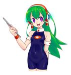  1girl :d bodysuit breasts charu_(saru_getchu) covered_navel green_hair groin headphones joints long_hair looking_at_viewer open_mouth pointer purple_eyes robot_joints saru_getchu sean_ryan simple_background skin_tight smile solo white_background 