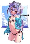  1girl absurdres bikini bikini_under_clothes black_bikini blue_jacket blush breasts cameltoe cloud etogami_kazuya groin hairband highres jacket long_hair lowleg lowleg_bikini micro_bikini navel off_shoulder open_clothes open_jacket original outdoors ponytail purple_eyes purple_hair side-tie_bikini_bottom sky small_breasts solo stomach swimsuit thighs 