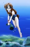  1girl air_bubble artist_name bangle barefoot blue_eyes blue_one-piece_swimsuit bracelet bubble diving_mask freediving goggles jewelry long_hair net ocean one-piece_swimsuit original saver_(artbysaver) seashell shell signature solo swimming swimsuit underwater 