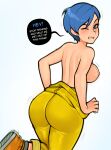  1girl afterimage ass blue_eyes blue_hair bodysuit breasts bulma clenched_teeth dragon_ball dragon_ball_super dragon_ball_super_super_hero earrings english_text highres jewelry large_breasts loodncrood motion_blur motion_lines nipples one_eye_closed short_hair shoulder_blades solo stud_earrings teeth yellow_bodysuit 