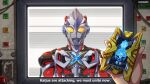  1boy artist_name cable company_connection computer english_commentary english_text gao_ex_kaiser glowing glowing_eyes gridman_universe highres holding looking_at_viewer orange_eyes ssss.gridman straight-on subtitled tokusatsu ultra_series ultraman ultraman_x ultraman_x_(series) 