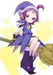  1girl boots broom broom_riding closed_mouth commentary_request dress earrings full_body gloves hat high_heels jewelry looking_at_viewer magical_girl ojamajo_doremi one_side_up pointy_footwear purple_dress purple_eyes purple_footwear purple_gloves purple_hair purple_headwear segawa_onpu short_hair sitting smile solo tsukikage_oyama witch_hat 