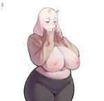  anthro areola big_breasts boss_monster bovid breasts caprine clothed clothing female fingers floppy_ears fur half-closed_eyes half-length_portrait hi_res horn huge_breasts leggings legwear long_ears mammal mature_anthro mature_female narrowed_eyes navel nipples oanju pink_areola pink_nipples portrait raised_clothing raised_topwear shy signature simple_background solo standing thick_thighs topwear toriel undertale undertale_(series) white_background white_body white_fur wide_hips 