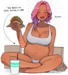  1girl big_belly blush bra breasts burger cleavage cup dark-skinned_female dark_skin disposable_cup earrings english_text food jewelry looking_at_viewer ohasi open_mouth original panties pink_(ohasi) pink_hair plump short_hair simple_background solo sweat underwear white_background 