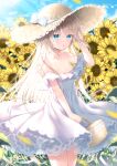  1girl :o arm_up bare_shoulders basket blonde_hair blue_eyes blue_sky bow breasts cloud collarbone commentary_request day dress flower hair_between_eyes hat hat_bow holding holding_basket indie_virtual_youtuber off-shoulder_dress off_shoulder outdoors parted_lips petals sky small_breasts solo straw_hat sunflower uchuuneko uchuuneko_(vtuber) virtual_youtuber white_bow white_dress yellow_flower 