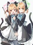  2girls animal_ear_headphones animal_ears apron aqua_ribbon black_dress blonde_hair blue_archive blue_ribbon blush broom bucket cat_ear_headphones cat_ears cat_tail closed_mouth commentary dress fake_animal_ears fake_tail feet_out_of_frame frilled_apron frilled_dress frills gominami green_eyes green_halo halo headphones highres holding holding_broom holding_bucket long_sleeves looking_at_viewer maid maid_apron maid_headdress midori_(blue_archive) midori_(maid)_(blue_archive) momoi_(blue_archive) momoi_(maid)_(blue_archive) multiple_girls neck_ribbon official_alternate_costume open_mouth pantyhose petticoat pinafore_dress pink_halo puffy_long_sleeves puffy_sleeves red_eyes ribbon siblings simple_background sisters sleeveless sleeveless_dress sweatdrop tail tail_under_clothes teeth twins twintails two_side_up upper_teeth_only white_apron white_background white_pantyhose 