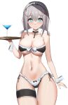  +_+ 1girl absurdres azur_lane bare_shoulders bikini black_choker blush braid breasts choker cocktail_glass cross-shaped_pupils cup drinking_glass frilled_bikini frills green_eyes grey_hair hair_between_eyes hair_ornament hand_up highres holding holding_tray large_breasts looking_at_viewer low_twin_braids maid maid_bikini maid_headdress manchester_(a_moment_in_the_shade)_(azur_lane) manchester_(azur_lane) medium_hair navel official_alternate_costume rk_(cc15915r) simple_background smile solo stomach swimsuit symbol-shaped_pupils thigh_strap tray twin_braids unconventional_maid white_background x_hair_ornament 