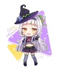  1girl akowazaki black_footwear character_name chibi grey_hair hat highres hololive long_hair looking_at_viewer midriff murasaki_shion murasaki_shion_(1st_costume) navel shoes straight_hair tagme thighhighs very_long_hair virtual_youtuber white_background yellow_eyes zettai_ryouiki 