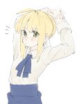  1girl arms_up artoria_pendragon_(fate) blonde_hair blue_ribbon blue_skirt blush collared_shirt expressionless fate/stay_night fate_(series) green_eyes hair_bun high-waist_skirt highres long_sleeves looking_at_viewer neck_ribbon own_hands_together ribbon saber shirt sidelocks simple_background sketch skirt solo stretching tenoo12 upper_body white_background 
