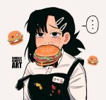  1girl apron artist_name black_apron black_bow black_bowtie black_hair bow bowtie burger chainsaw_man collared_shirt family_burger_mascot_(chainsaw_man) food food_in_mouth food_on_clothes hair_ornament hairclip higashiyama_kobeni looking_at_viewer mole mole_on_cheek mole_under_eye multiple_moles one_eye_closed shirt short_hair short_ponytail simple_background single_sidelock sleeve_pushed_up smilesimplyart solo strap_slip tearing_up white_background white_shirt 