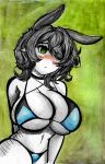  animal_humanoid big_breasts bikini bikini_bottom bikini_top black_hair blush blush_lines breast_squish breasts clothing female hair hi_res humanoid lagomorph lagomorph_humanoid leporid leporid_humanoid mammal mammal_humanoid rabbit rabbit_humanoid sheebibites simple_background squish swimwear 