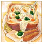  absurdres border bread bread_bowl broccoli carrot food food_focus french_fries gratin highres original plate shrimp shrimp_tempura spoon steam still_life tempura twitter_username white_border yasaioji3 yellow_background 