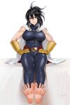  1girl artist_name barefoot black_hair blue_bodysuit bodysuit boku_no_hero_academia breasts cape covered_abs covered_navel easonx feet feet_up full_body gloves hair_between_eyes hands_on_own_hips highres large_breasts long_hair looking_at_viewer mole mole_under_mouth muscular muscular_female shimura_nana sitting sleeveless sleeveless_bodysuit soles solo spread_toes taut_bodysuit toes white_background white_cape yellow_gloves 