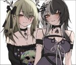  2girls armband black_bow black_choker black_shirt blonde_hair blush bow breasts ceres_fauna chibi choker cleavage commentary earclip earrings english_commentary eyelashes gothic grey_hair hair_branch hair_ornament heart hololive hololive_english jewelry large_breasts lips looking_at_viewer medium_breasts multicolored_hair multiple_girls necklace off-shoulder_shirt off_shoulder parted_lips purple_shirt shiori_novella shirt simple_background sketch smile spaghetti_strap split-color_hair takida_185 twintails two-tone_hair white_background white_hair 