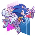  1boy 1girl blaze_the_cat blue_fur bodysuit cat_girl cat_tail forehead_jewel gloves green_eyes hand_gesture highres looking_at_viewer nigmafrankie purple_fur smirk sonic_(series) sonic_riders sonic_rush sonic_the_hedgehog tail yellow_eyes 