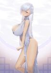  1girl absurdres alternate_costume azur_lane bare_legs belfast_(azur_lane) blue_eyes braid breasts china_dress chinese_clothes cleavage cleavage_cutout clothing_cutout dress french_braid from_side highres large_breasts long_hair looking_at_viewer lordol pelvic_curtain sleeveless sleeveless_dress solo white_dress white_hair 