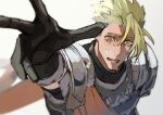  1boy absurdres achilles_(fate) armor bags_under_eyes black_gloves blurry blurry_background crying fate/apocrypha fate_(series) from_above gloves grey_background haruakira highres male_focus open_mouth orange_sash reaching reaching_towards_viewer short_hair shoulder_armor simple_background solo tears undercut 