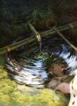  1girl bamboo black_hair commentary_request grass hair_tubes hakurei_reimu highres outdoors red_eyes reflection reflective_water ribbon-trimmed_sleeves ribbon_trim satellitedragon sidelocks solo touhou water water_slide 