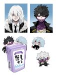  2boys ametaro_(ixxxzu) black_coat black_hair black_necktie blue_eyes blue_hair boku_no_hero_academia burn_scar cheek_piercing chibi closed_mouth coat collared_shirt dabi_(boku_no_hero_academia) ear_piercing fur-trimmed_coat fur_trim highres juice_box light_blue_hair male_focus medium_hair multiple_boys multiple_piercings multiple_scars necktie nose_piercing piercing red_eyes scar scar_on_face scar_on_mouth scar_on_neck shigaraki_tomura shirt simple_background spiked_hair staple stapled stitches todoroki_touya white_background white_hair white_shirt wrinkled_skin 