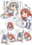  2girls blue_sailor_collar brown_eyes brown_hair commentary_request cowboy_shot gloves green_eyes grey_hair harukaze_unipo hat highres kantai_collection long_hair low_twintails mikura_(kancolle) multiple_girls one_side_up puffy_short_sleeves puffy_sleeves red_skirt sailor_collar sailor_hat sailor_shirt shirt short_sleeves skirt smelling smelling_clothes twintails upper_body wavy_hair white_gloves white_shirt yashiro_(kancolle) 