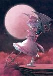 1girl back_bow bat_wings bobby_socks bow brooch character_name cloud copyright_name footwear_bow from_side full_body full_moon hat hat_ribbon highres holding holding_weapon jewelry medium_hair mob_cap moon night outdoors pink_bow pink_headwear pink_shirt pink_skirt polearm red_bow red_ribbon remilia_scarlet ribbon satyuas shirt short_sleeves skirt socks solo spear spear_the_gungnir touhou weapon white_footwear white_socks wings wrist_cuffs 