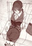  1girl absurdres animal_on_lap arm_support blush cat glasses highres kanazawa_shinnosuke looking_at_animal monochrome office_lady on_lap original pencil_skirt ponytail sepia sitting skirt smile solo vest 