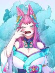  1girl ahri_(league_of_legends) alternate_hair_color animal_ear_fluff animal_ears artist_name bare_shoulders bell blue_tail blush breasts cleavage collarbone commentary_request facial_mark fangs finger_in_own_mouth fox_ears fox_girl fox_tail gradient_hair hair_bell hair_ornament highres huge_breasts kitsune league_of_legends lolboja long_hair looking_at_viewer multicolored_hair multiple_tails open_mouth pink_hair purple_hair saliva_drip solo spirit_blossom_(league_of_legends) spirit_blossom_ahri tail teeth tongue wavy_hair whisker_markings 