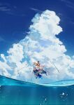  1girl absurdres azusa_hina blue_sky chinese_commentary cloud cloudy_sky commentary_request cumulonimbus_cloud full_body genshin_impact harem_outfit highres long_hair looking_at_viewer navel nilou_(genshin_impact) ocean orange_hair scenery sky solo very_long_hair white_veil wide_shot 