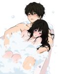  1boy 1girl air_bubble bathtub black_hair blush breasts bubble chitanda_eru completely_nude couple hetero highres hyouka knees_up large_breasts leaning_on_person loose_hair_strand mery_(yangmalgage) mixed_bathing nude oreki_houtarou purple_eyes simple_background white_background 