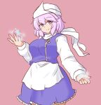 1girl apron breasts bright_pupils closed_mouth commentary_request lapel_pin large_breasts letty_whiterock light_purple_hair long_sleeves looking_at_viewer mizusoba purple_eyes scarf short_hair simple_background smile snowflakes solo touhou waist_apron white_apron white_headwear white_pupils white_scarf 
