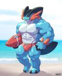  anthro beach blue_body bulge clothed clothing hi_res lifeguard looking_at_viewer male mega_evolution mega_swampert muscular muscular_male nintendo pokemon pokemon_(species) seaside solo voviat 