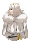  1boy cape closed_mouth diamond_hairband eiki_(eikityou_55) eyelashes fate/grand_order fate_(series) fur-trimmed_cape fur_trim grey_eyes grey_hair highres looking_to_the_side male_focus oberon_(fate) robe short_hair signature simple_background solo tassel white_background white_cape white_robe 