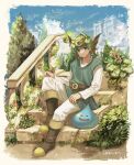  1boy belt blue_eyes blue_sky boots brown_belt brown_footwear castle closed_mouth day dragon_quest dragon_quest_iv earrings flower full_body green_hair green_tunic headpiece hero_(dq4) highres jewelry light_smile long_sleeves looking_at_viewer macho_ojiji monster outdoors pants plant shirt sitting sitting_on_stairs sky slime_(dragon_quest) stairs tree twitter_username white_pants white_shirt 
