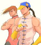  2boys amagayu0104 baseball_cap braid brothers brown_hair chinese_clothes hat highres male_focus multiple_boys shirt siblings sleeveless sleeveless_shirt street_fighter street_fighter_iii_(series) white_background yang_lee yun_lee 